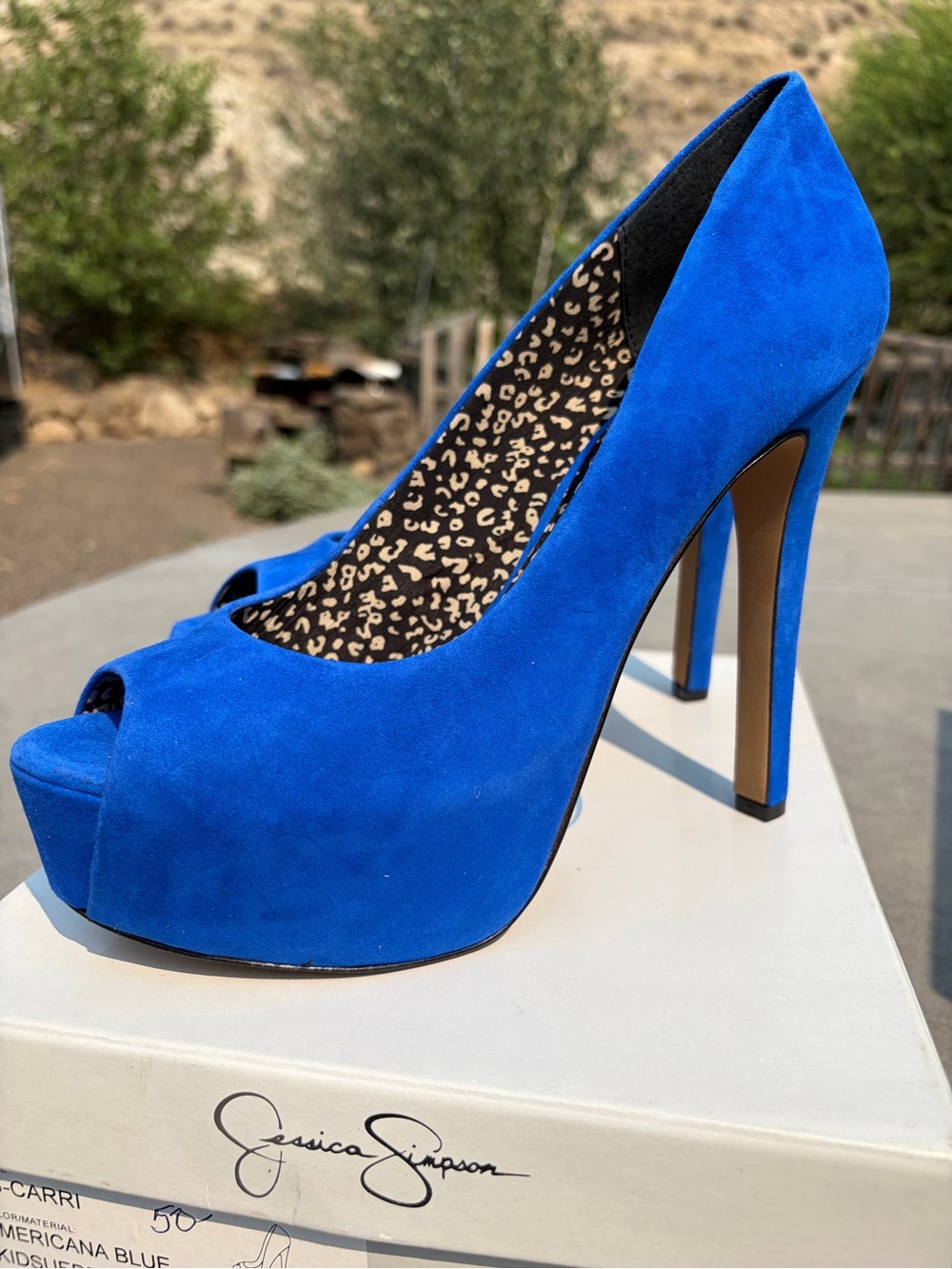Jessica Simpson Cobalt Blue Suede Peep-Toe Platform Heels